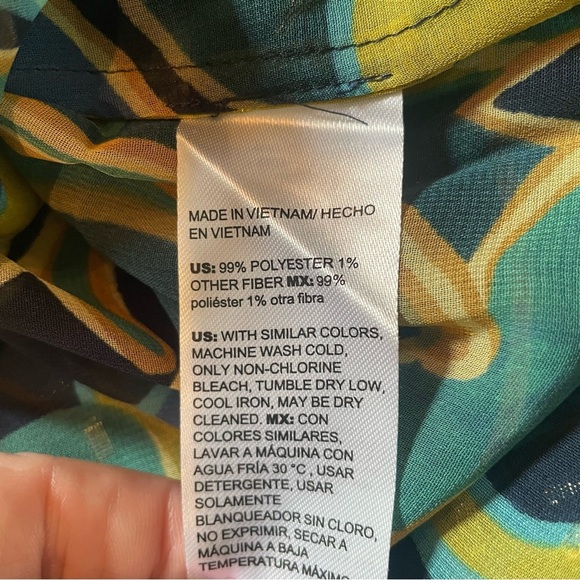 Chico’s Blue Gold Green Chiffon Metallic Swirl Ruffle Sleeve Button Up Blouse - Picture 14 of 14
